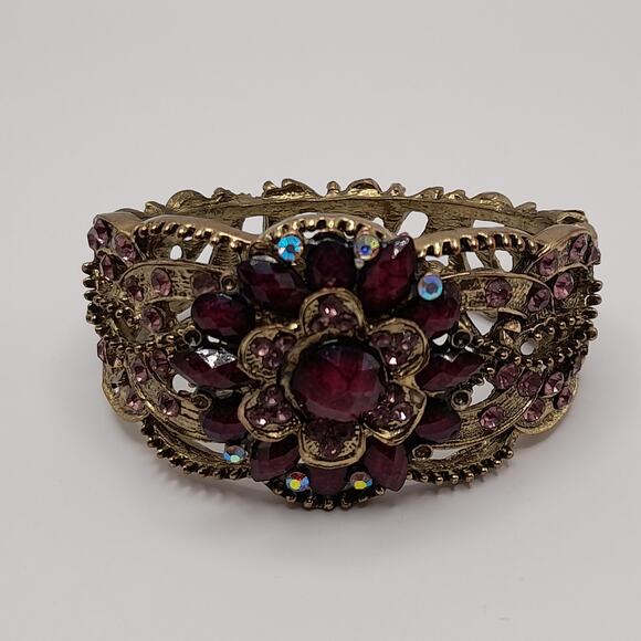Purple Pink Rhinestone Hinged Bracelet, Victorian Style, 6 1/2 Inches - Picture 7 of 14